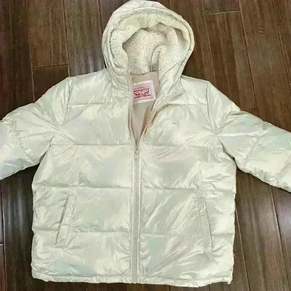 Levis Women's XL Shinny Ivory Puffer Jacket Sherpa
Lined Hooded Genuine Red Tab - Picture 1 of 13